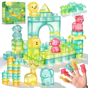 JoySpot Jelly Building Blocks Jungle Expedition Sensory Soft Building Blocks for Toddlers, 52 PCS Montessori Squishy Stacking Toy Set, Jungle Animal Theme Squeeze Blocks , Non-Toxic STEM Preschool Gift for Boys Girls Age 3+