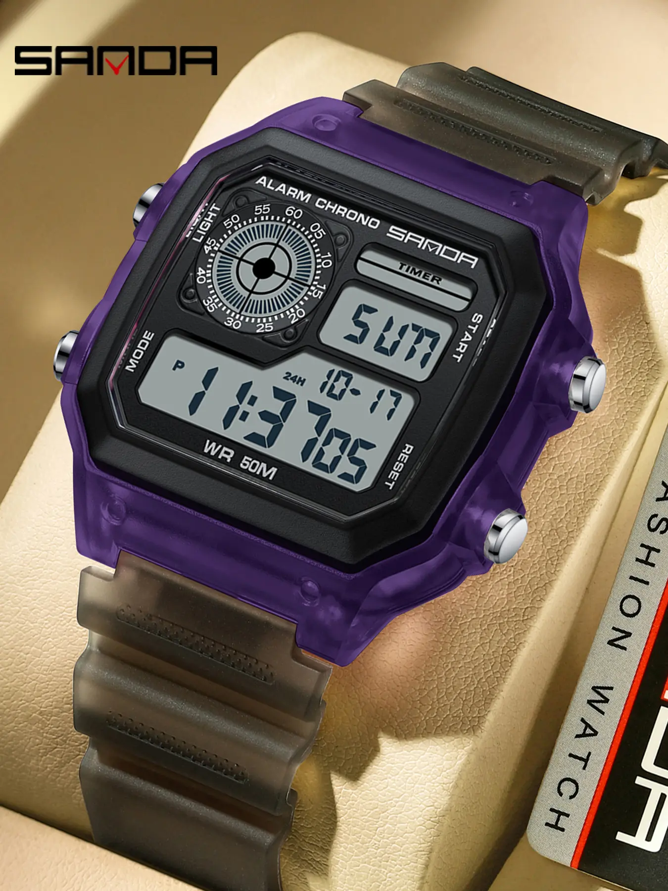 Sanda Men's Sporty Digital Watch, Fashionable Waterproof Watch, Modern Waterproof Watch, Trendy Multifunctional Watch, Simple Alarm Clock Functionality, Multi-Functional Calendar Display, Waterproof 5atm Electronic Wristwatch