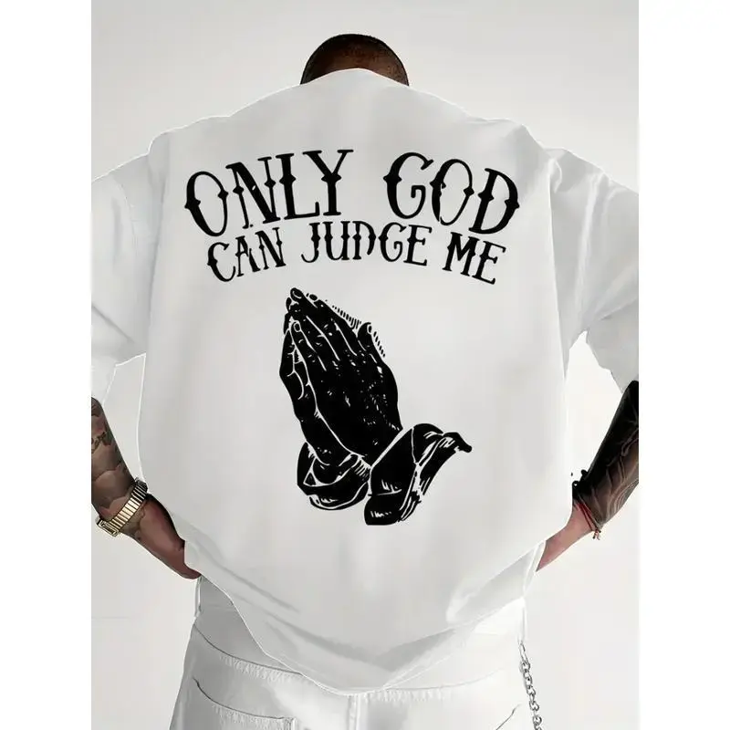 [100% Cotton][Graphic Tee] Men'S "Only God Can Judge Me" Graphic T-Shirt - Casual Crew Neck, Short Sleeve Top, Beige with Praying Hands Design,Cotton Fabric classic rock tee