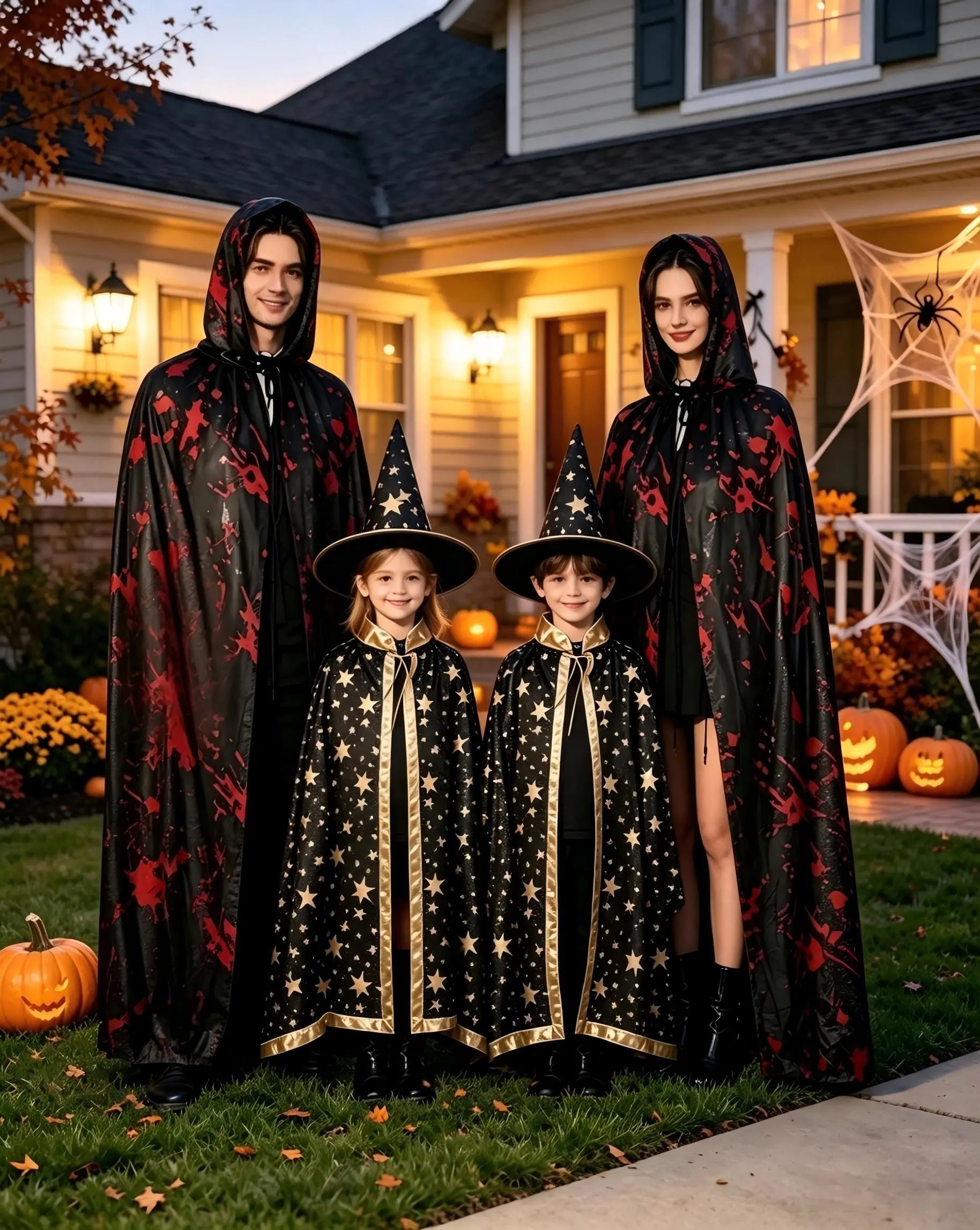 Halloween Cape Cloak for Adults & Kids, Witch Wizard Cosplay Hooded Cape, Blood Print Horror Cloak Party Costume Prop