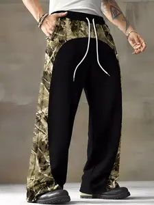 Mens Outdoor Camo Print Wide Leg Sweatpants, Tree Camo Panel Colorblock Streetwear Track Pants, Casual Hip Hop Pants #springsaledeals2026 #streetstyle #mensoutfits #fyp