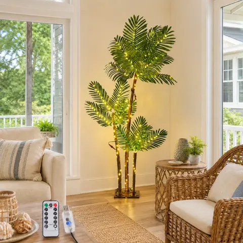 5/6-Foot Durable USB-Powered LED Artificial 3-Trunk Palm Tree - Illuminated Fronds, Detailed Installation Guide - Indoor Lighting, Tropical Party Decor, House Decor for Chinese New Year, Christmas
