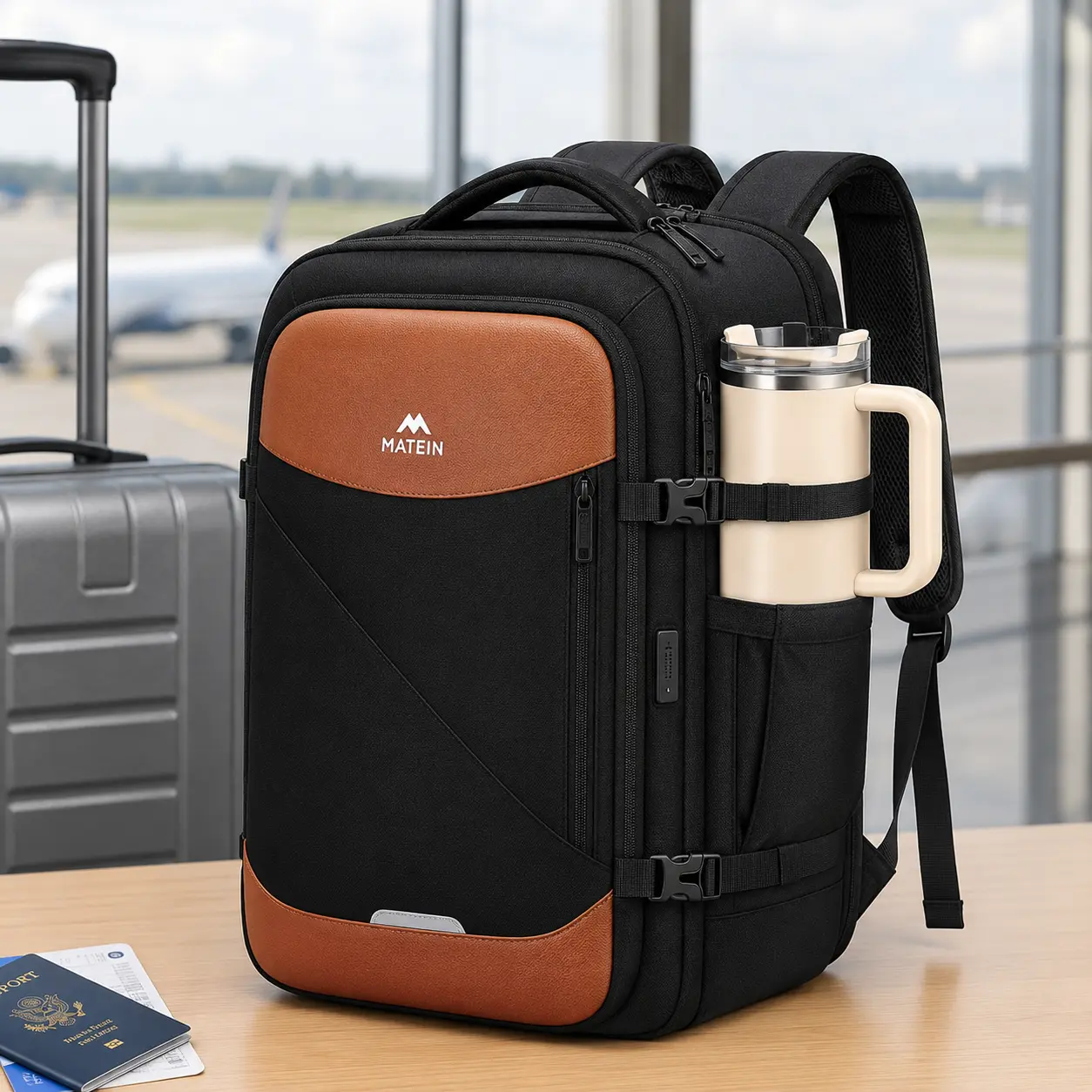 MATEIN Solid Polyester Underseat Carry On Luggage Travel Backpack - 18x14x8 in, TSA-Friendly, Waterproof, Fits 17" Laptop, Adjustable Shoulder Strap, Luggage Tracker Zipper Pocket
