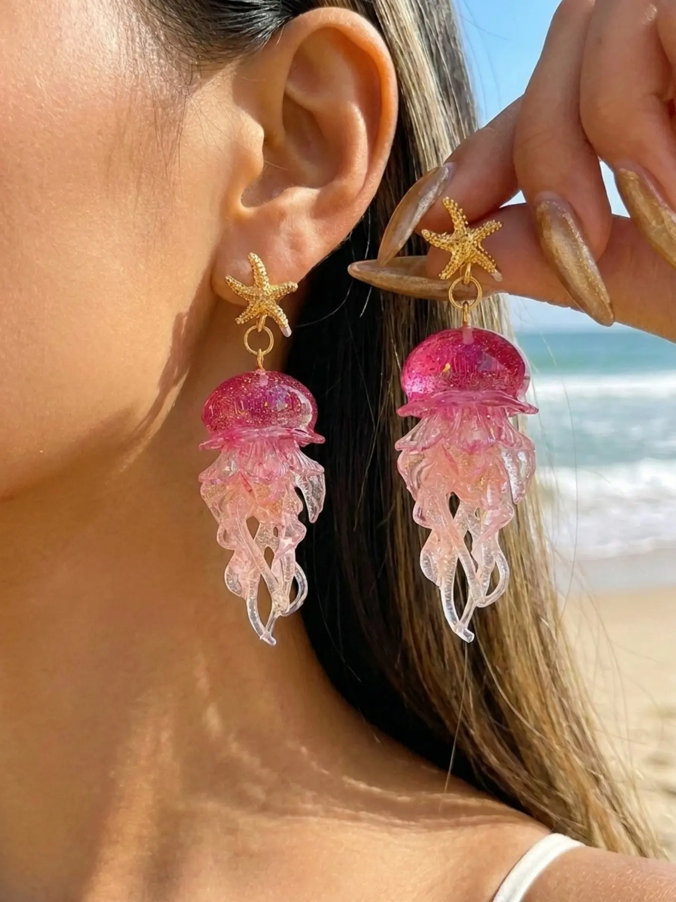 1 Pair Starfish Jellyfish Pendant Stud Transparent Colorful Earrings Ocean Vacation Style Beach Date Daily Wear Accessories