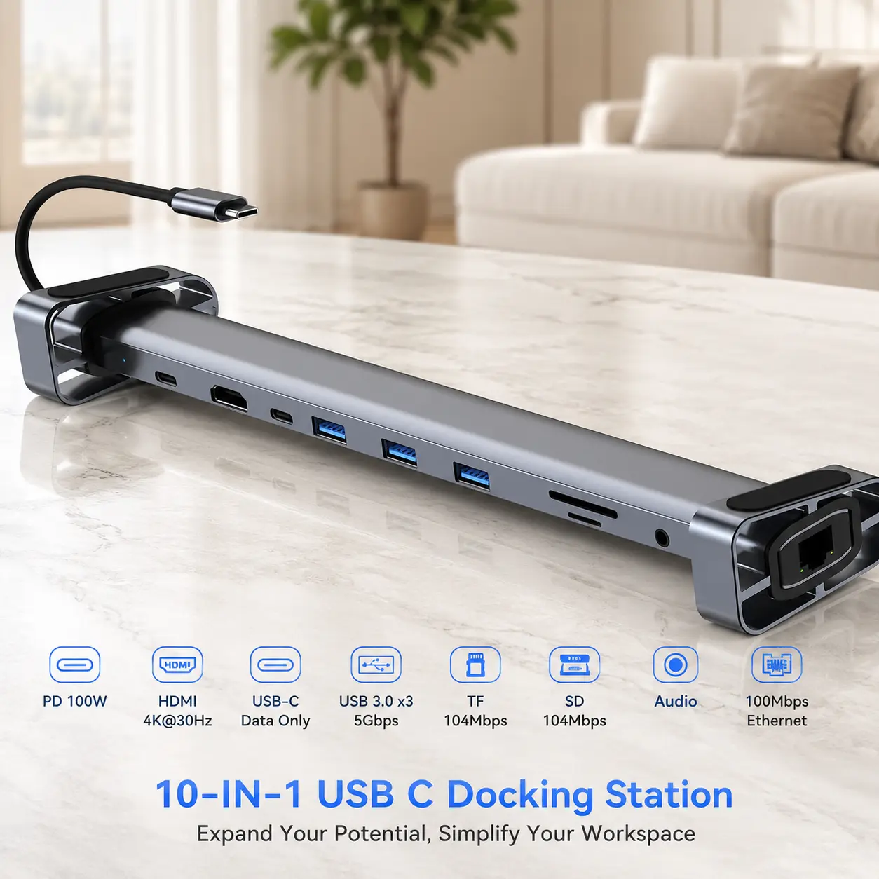 10-in-1 USB-C Docking Station with Stand – 4K HDMI, 100W PD, Ethernet, USB 3.0, SD/TF, Audio