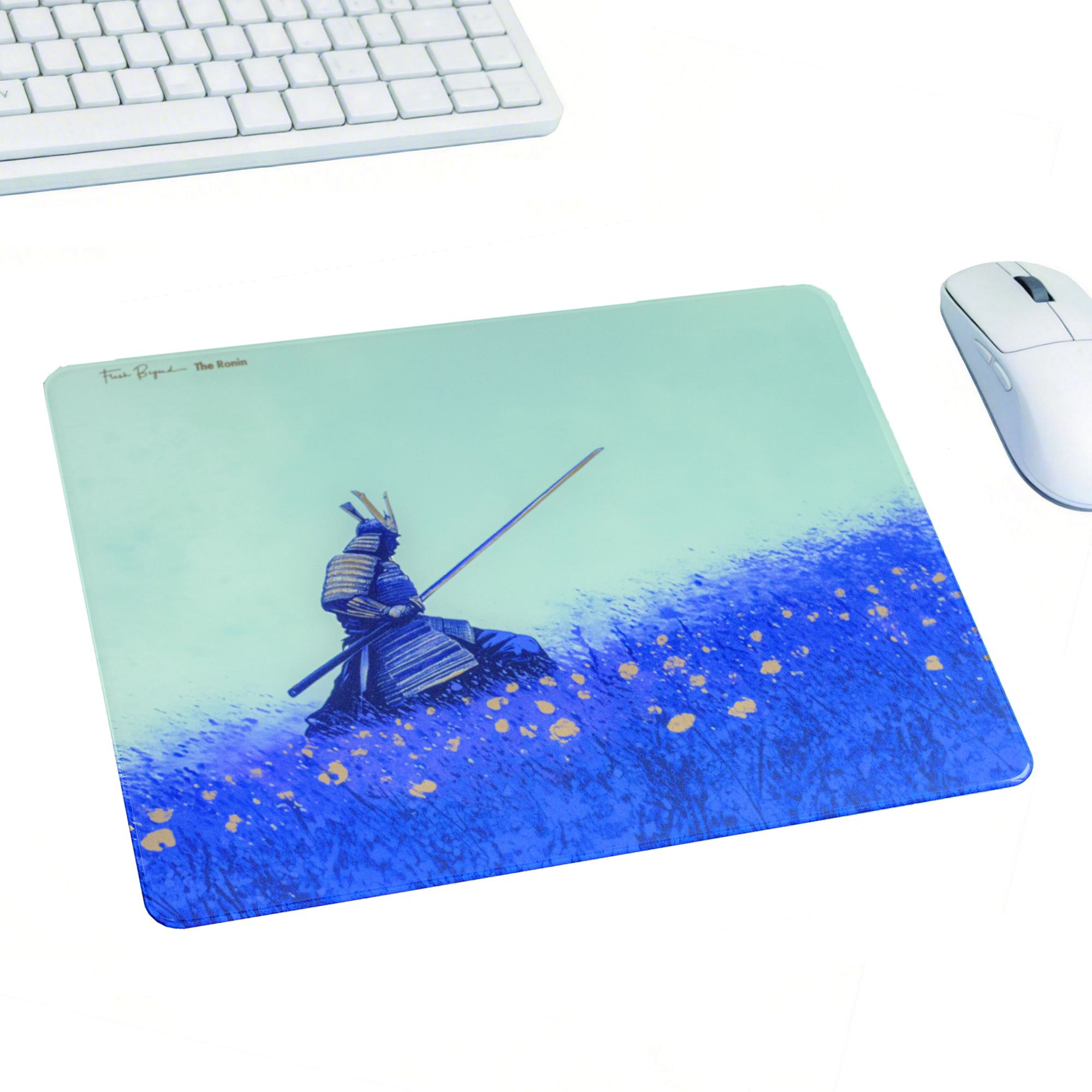 Flash Beyond Foil Art Glass Gaming Mouse Pad, 3mm Tempered Hard Glass Mousepad, Gold Ronin & Silver Eclipse, Fast Glide, Anti-Slip Base