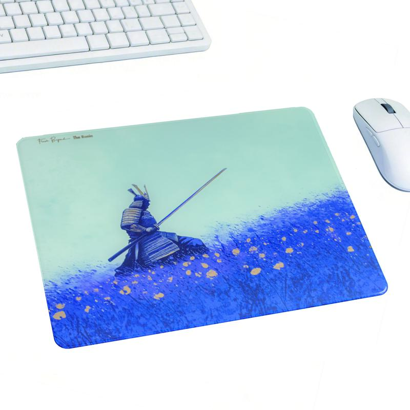 Flash Beyond Foil Art Glass Gaming Mouse Pad, 3mm Tempered Hard Glass Mousepad, Gold Ronin & Silver Eclipse, Fast Glide, Anti-Slip Base