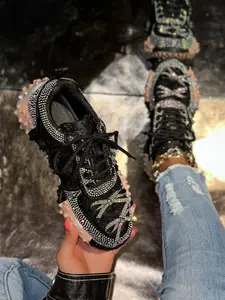 Sweet Diamond Dad Shoes, Lace Butterfly Rhinestone Sports Shoes, Thick Sole Height-Boosting Versatile Women's Shoes