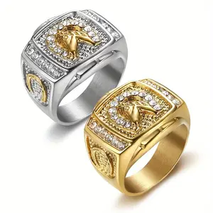 Men's Gold Stainless Steel Square Band - Double Row Luxury Hip Hop Artificial Zircon Ring with Horsehead Motif, Highland Cow Ring, Fashion Accessory for Daily Wear, Banquets, Artificial Zircon Rings,summerwins