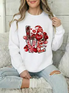 【Printed Design – Not Textured] Valentines Day Gnome Love Sweatshirt Women Leopard Print Heart Graphic Pullover Red Roses Kiss Lips Pattern Crewneck Long Sleeve Casual Holiday Top