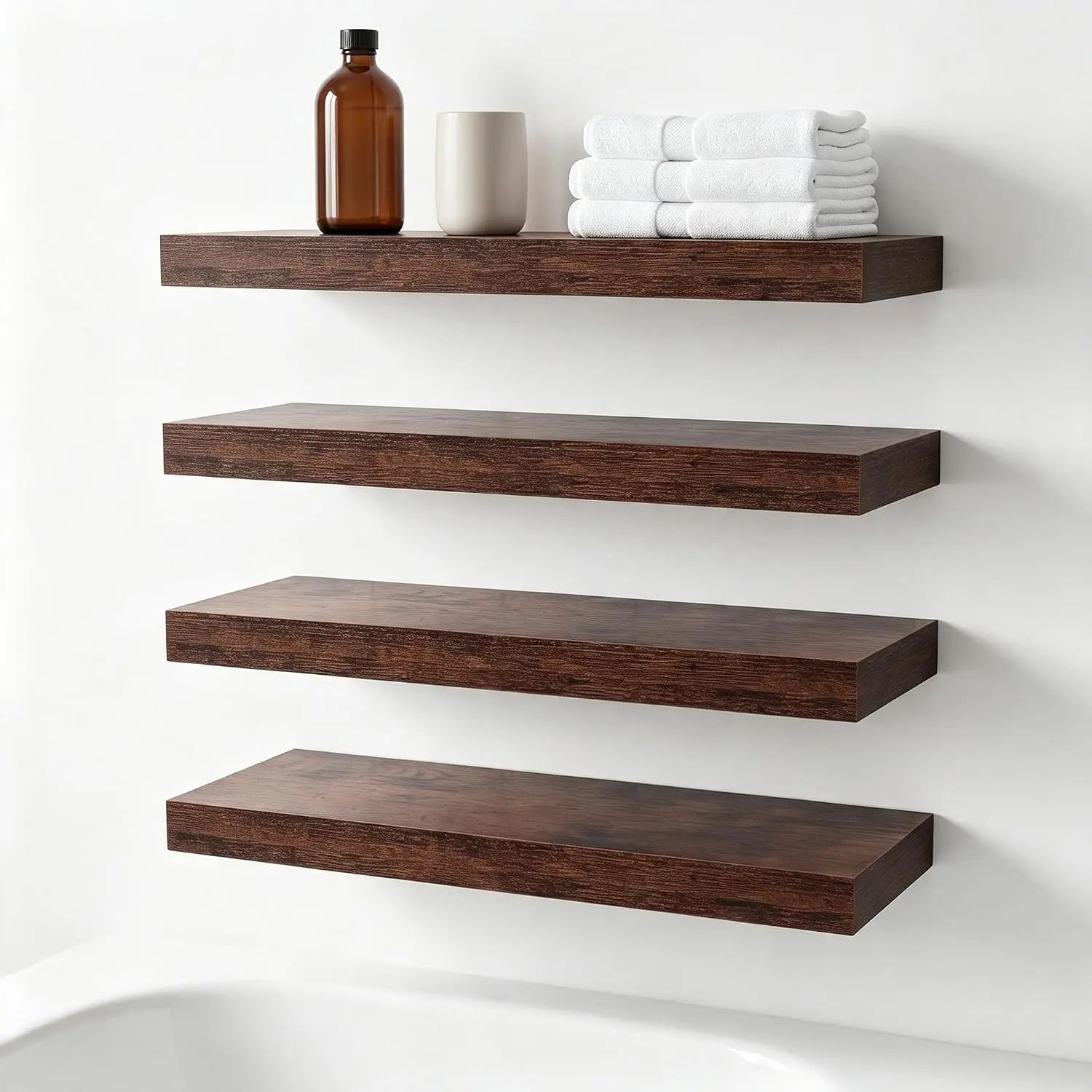 4 Pack Modern Wall-Mounted Floating Shelves, 22 LBS Load Capacity, Concealed Installation, Space-Saving House Decor for Storage Organization, Kitchen & Aesthetic Room Use, Apartment Accessories (Brown)