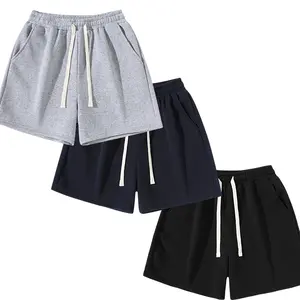 Men's Drawstring Shorts with Pockets, Solid Color Wide-Leg Fleece Casual Pants, Comfortable Home and Sports Shorts, High-Quality Basic Style Casual Shorts