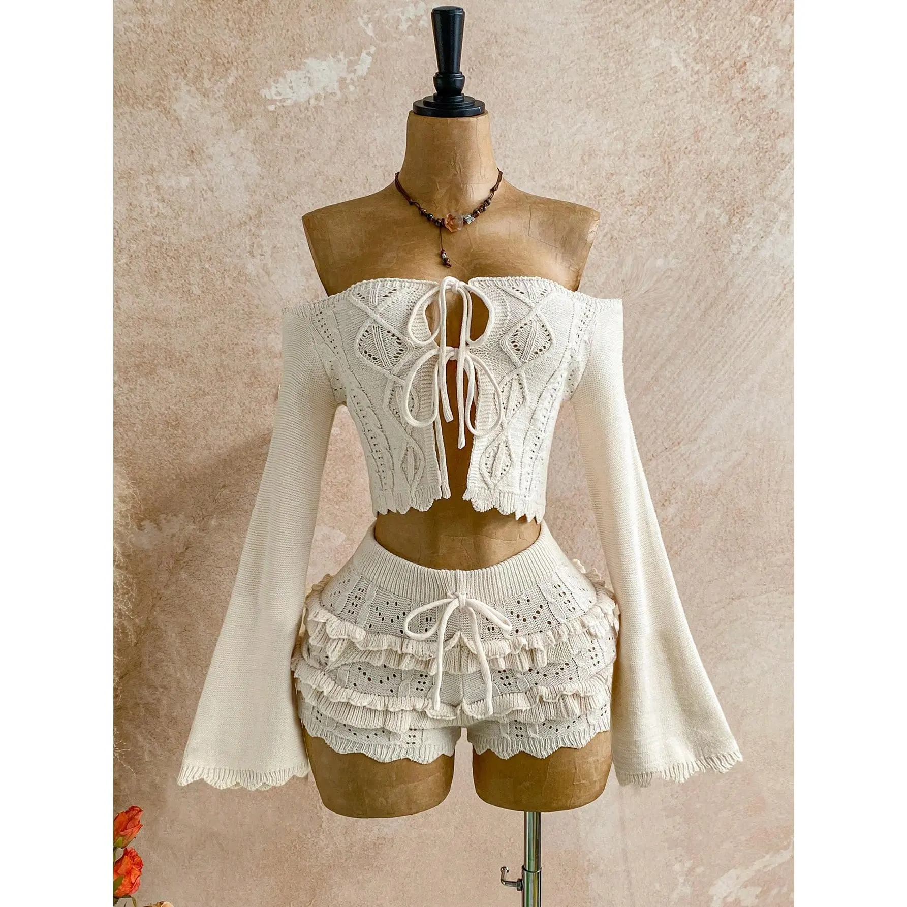 Women's 2-Piece Sweater Set, Chic Off-Shoulder Cropped Knit Top with Adjustable Tie-Up and Matching Shorts for Birthday Parties, Customized, Breathable, Evening, Outfits, Fabric, 2 Piece Sets, Sleeve, Flat, Lady