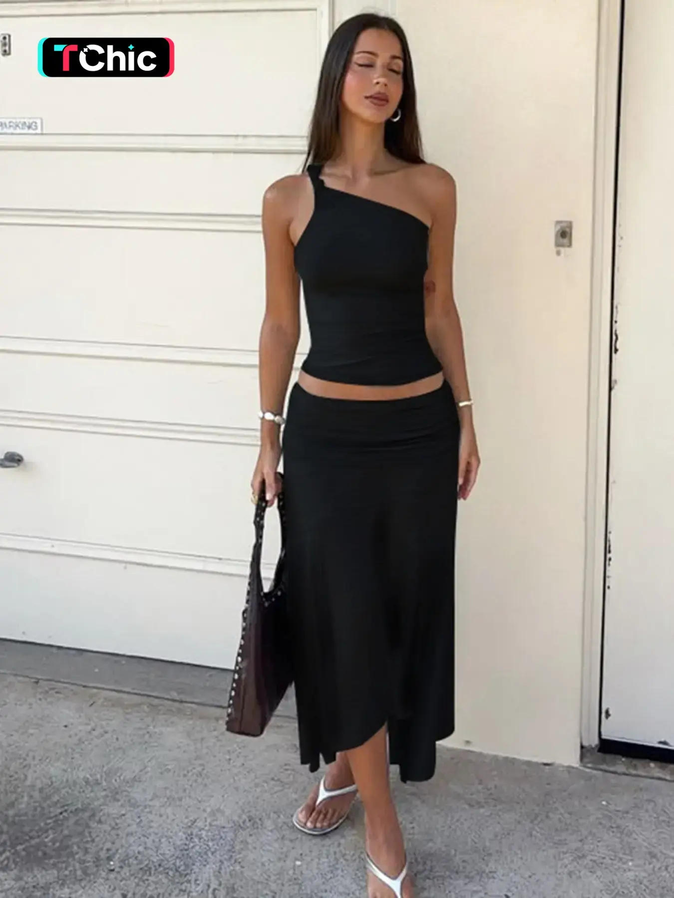 Two-piece Women's Solid Color One Shoulder Knotted Sleeveless Tank Top & Ruched Irregular Hem Skirt Beach Outfits Set, Casual Chic Skirt Outfits for Daily & Outdoor Wear, Ladies Clothes for Summer