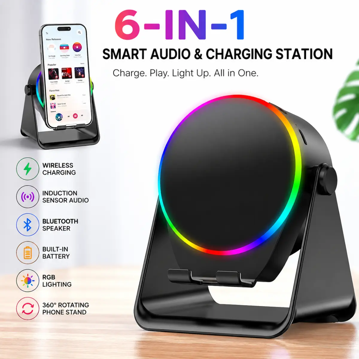 6-in-1 Wireless Charging Station - Cordless Charging Electronic Mobile Accessory, Bluetooth Induction Speaker, RGB Light, Electronic Phone Holder for Smartphones, Bedside Table Use