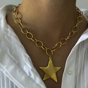 Star Necklace Chunky Gold Statement Necklaces Punk Star Pendant Gold Chain Necklaces for Women Trendy Christmas Jewelry for Dress Sweaters Shirts Stocking Stuffers Gifts for Women