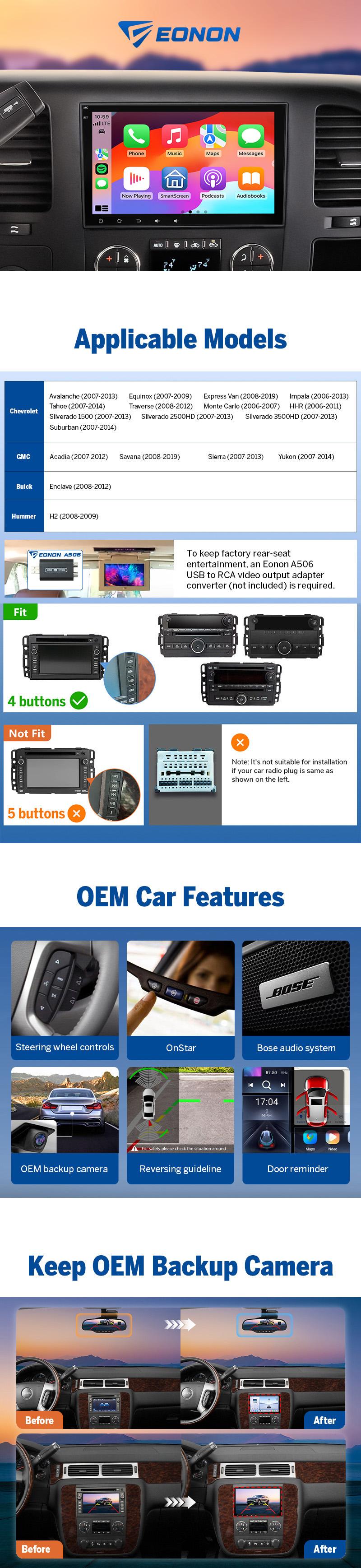 EONON 8" Android 13/14 Car Stereo, Car Radio for Chevy, GMC, Buick, Silverado, Sierra, Suburban, Tahoe, Impala, Avalanche, Traverse, Acadia, Yukon, Wireless CarPlay & Android Auto, 4GB RAM, 64GB ROM, Bluetooth, SWC, Backup Camera - GMX7A & GMX6S PRO