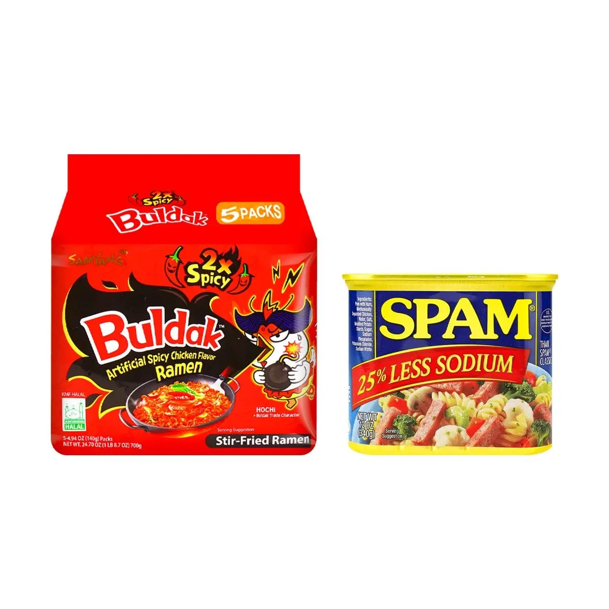 Samyang Buldak 2x Spicy Chicken Ramen Noodles 5pk & SPAM Less Sodium 340g - Korean Instant Noodle Meal Kit