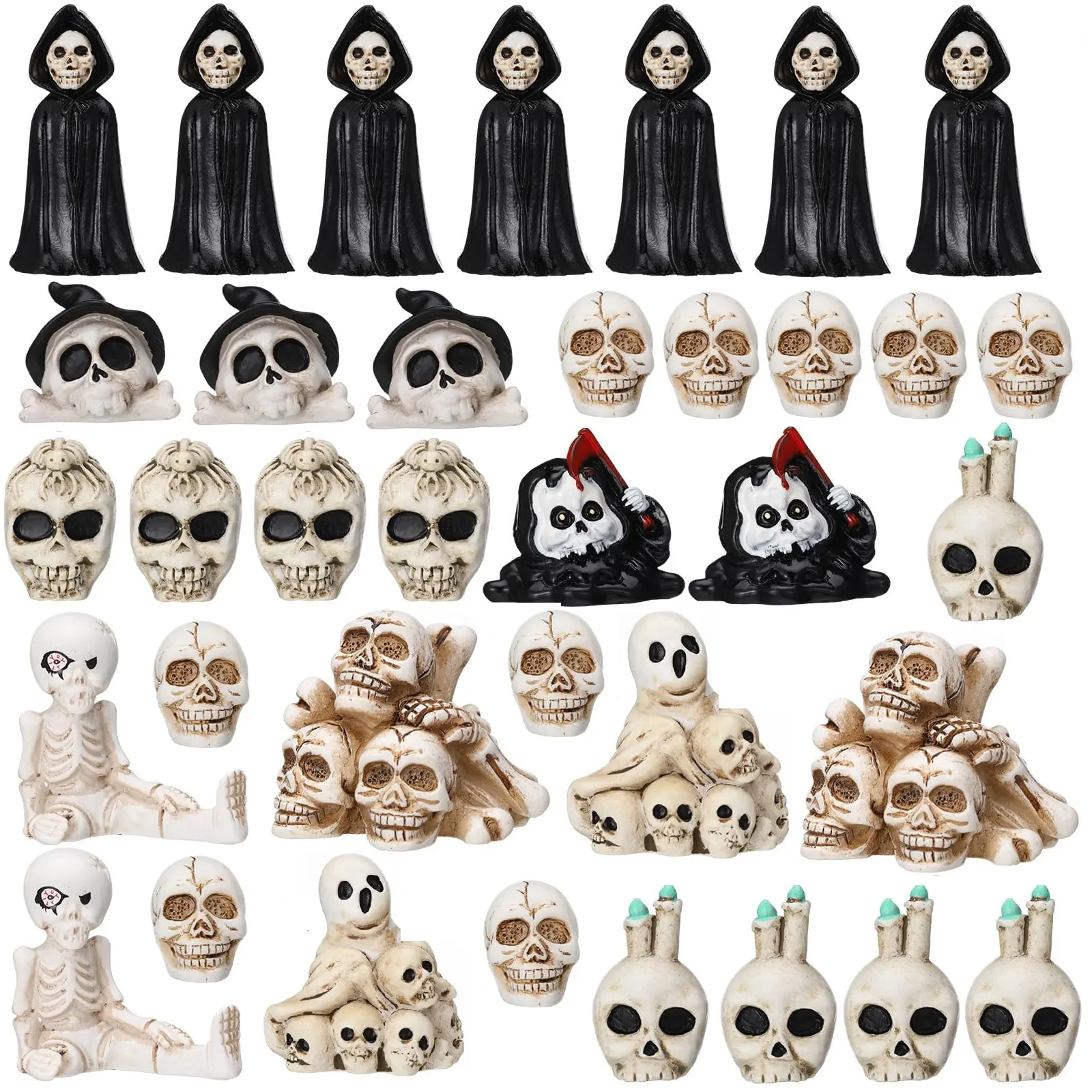 Spooky Skull Figures 60/100pcs Halloween Mini Skulls Mini Ghost Figures Grim Reaper Ornaments Resin Skulls Decorations for Party House Desktop Gift Family Friends Classmates Prank Gifts