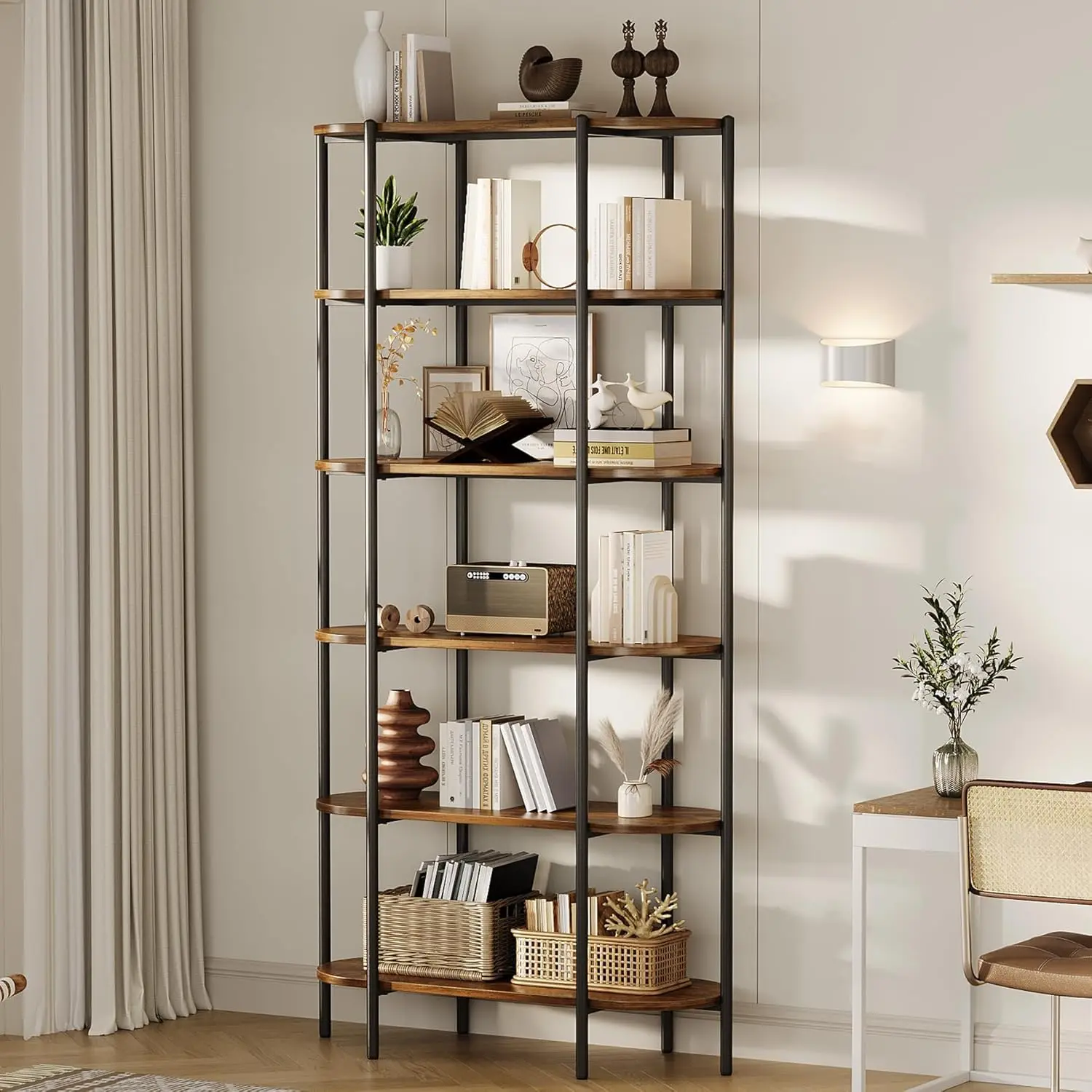 6-Tier Industrial Bookshelf, 71" Tall Oval Vintage Bookcase, Metal Frame Display Storage Shelf for Living Room, Wood Grain, Adjustable Feet