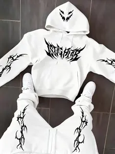 Men's Fall Winter Abstract Letter Print Fleece Hooded Sweatshirt Set, Gothic Clothes, Long Sleeve Casual Sweatshirt and Drawstring Pants, 2 Piece Pack Menswear