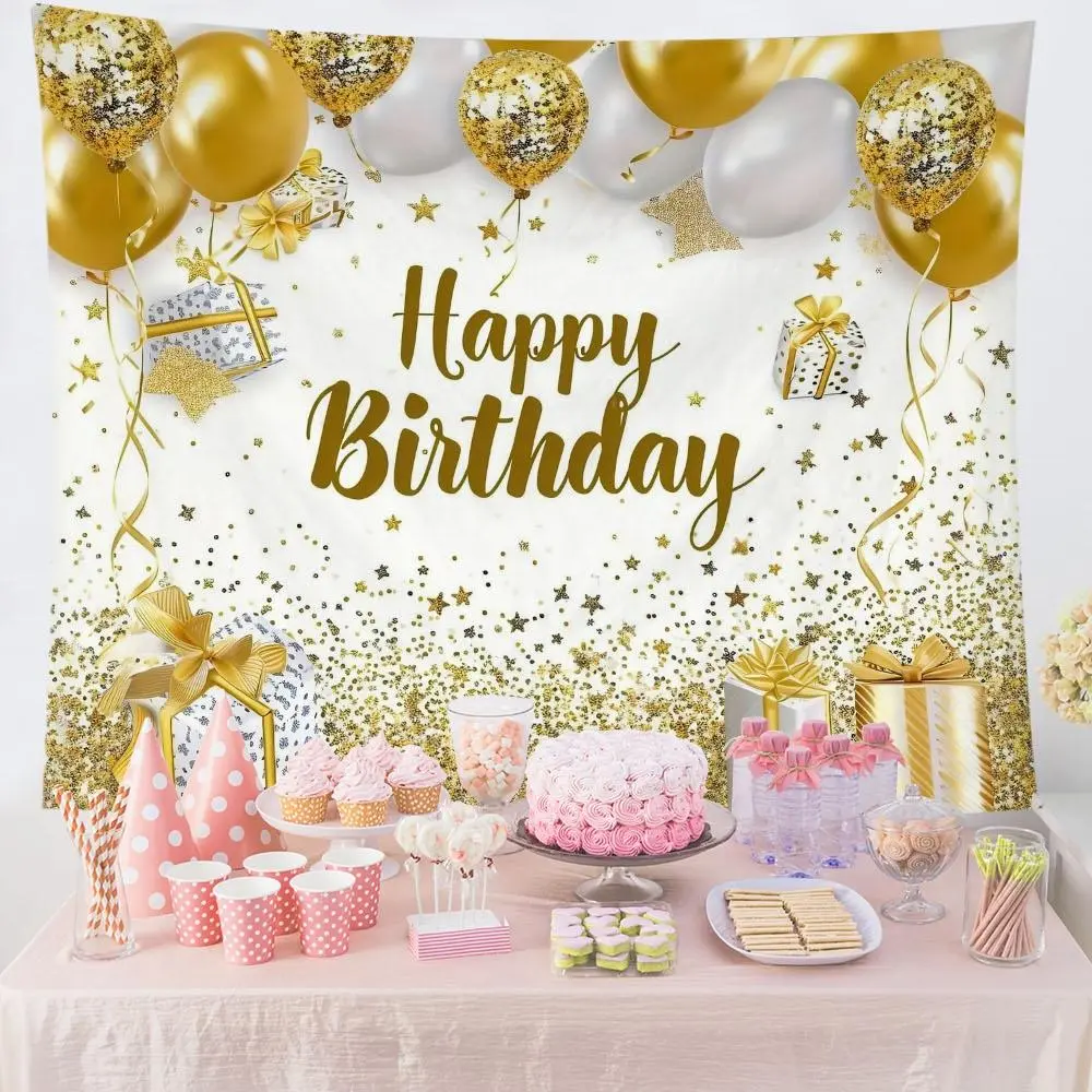 summerwins Floating Balloons Happy Birthday Gold Balloon Print Polyester Tapestry, 1-Count Fashionable Home Decor Wall Hanging, Festive Party Art Backdrop, Floating Balloons Tapestries