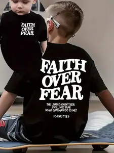 Kids' "Faith Over Fear" Double-Sided Christian T-Shirt, Psalms 118:6 Bible Verse Tee, Black Cotton Casual Top