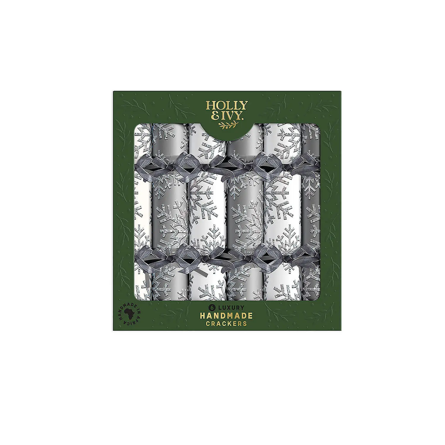 Luxury 6-Pc 14in Handmade Metallic Silver Textured Paper Cardboard Christmas Party Crackers Set with Holly & Ivy Snowflake Print, Ideal for Festive Traditions