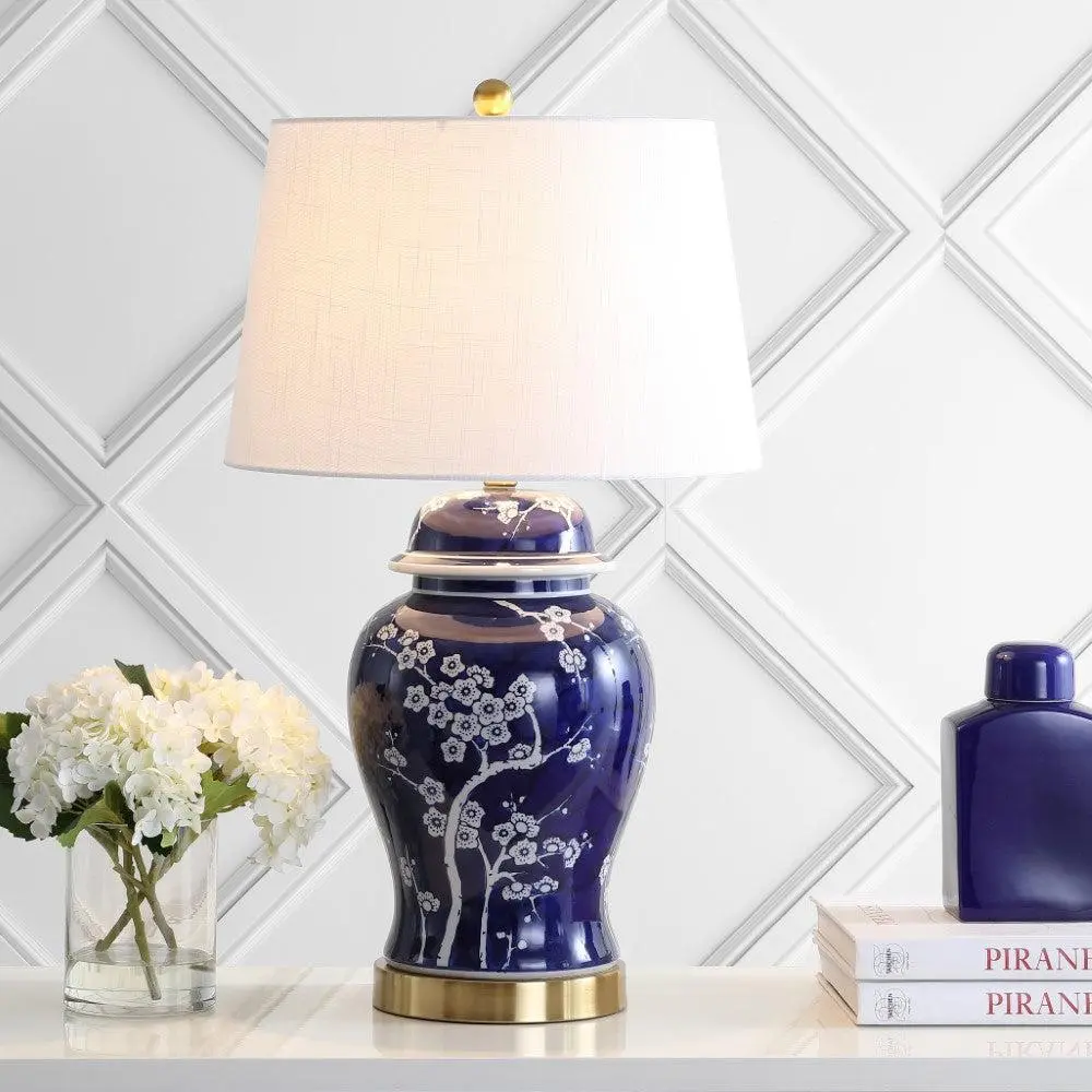 JONATHAN Y Gracie Ginger Jar Ceramic-Metal LED Table Lamp - Decorative, Flower Design, Antique Style, Cherry Decorative Ceramic Lamp with Bases & Shades for Bedroom, Living Room, Decorative Lamp, Flower Design Lamp