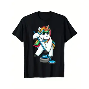 Men's funny unicorn curling design Graphic T-Shirt - Short Sleeve Crew Neck Regular Fit Casual Wear | Soft & Breathable Fabric, Durable Print, Everyday Comfort, Machine Washable, cartoon curling sport with a magical unicorn character