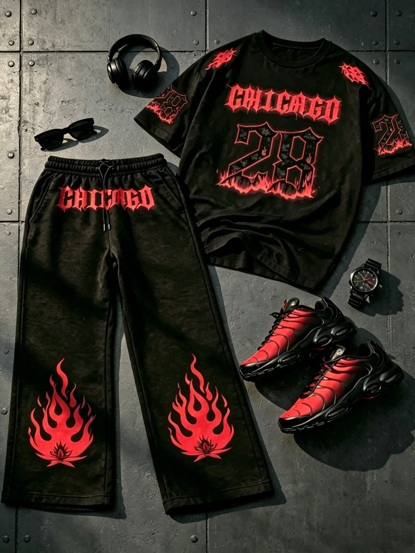 Street Fashion Tee and Pants Set, Chicago 28 Fire Flame Graphic Print, Spring Fall Short Sleeve Long Pants, Casual Fitted Style Trouser
