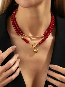 Women's Elegant Copper Chain Necklace Set, Bead & Gold Heart Design, Versatile Jewelry Accessory for All Seasons, Elegant Beaded Necklace