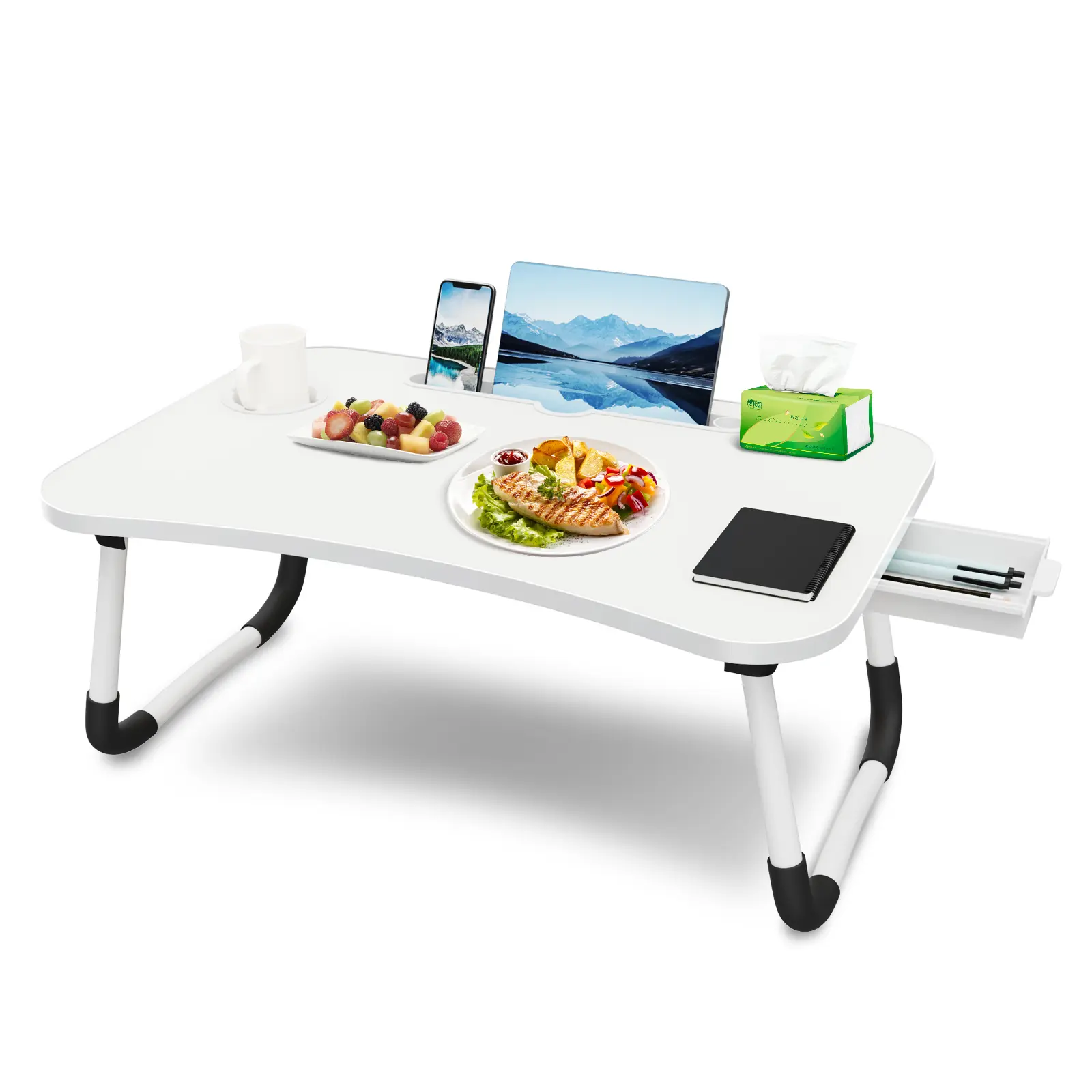 Foldable Bed Tray Table with Cup Holder & Storage Drawer Strong Bearing Laptop Desk Non-Slip Legs Ergonomic Curved Design for Living Room Bedroom Home Office