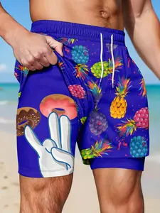 Men's Double-Layer Beach Shorts, Colorful Pineapple & Donut Print Anti-Chafe Liner, Elastic Waist Drawstring Shorts for Gym, Running, Beach and Casual Wear