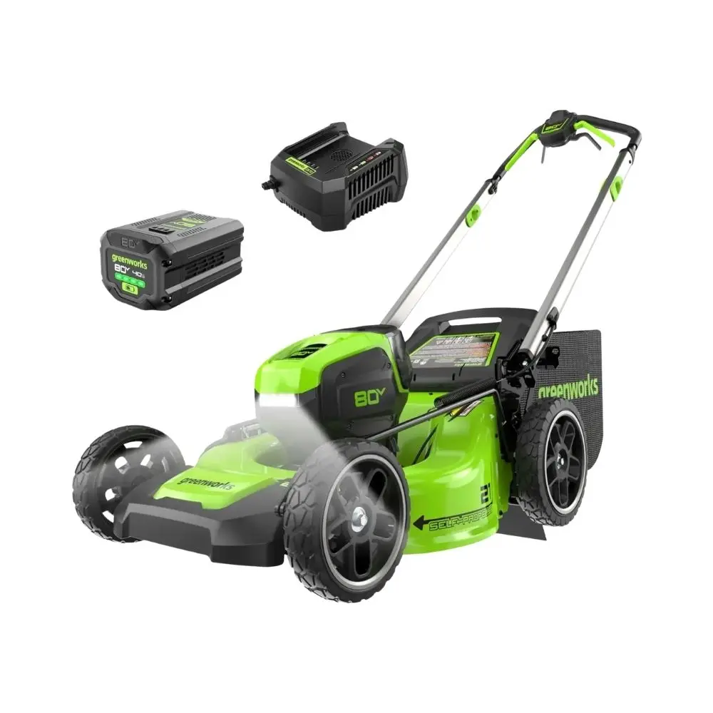 Greenworks 80V Model Cordless Lawn Mower - 21-Inch Cutting Deck, Brushless Motor, Self-Propelled, Includes 4.0Ah Battery & Rapid Charger, Ideal for Uneven Terrain, LED Lights