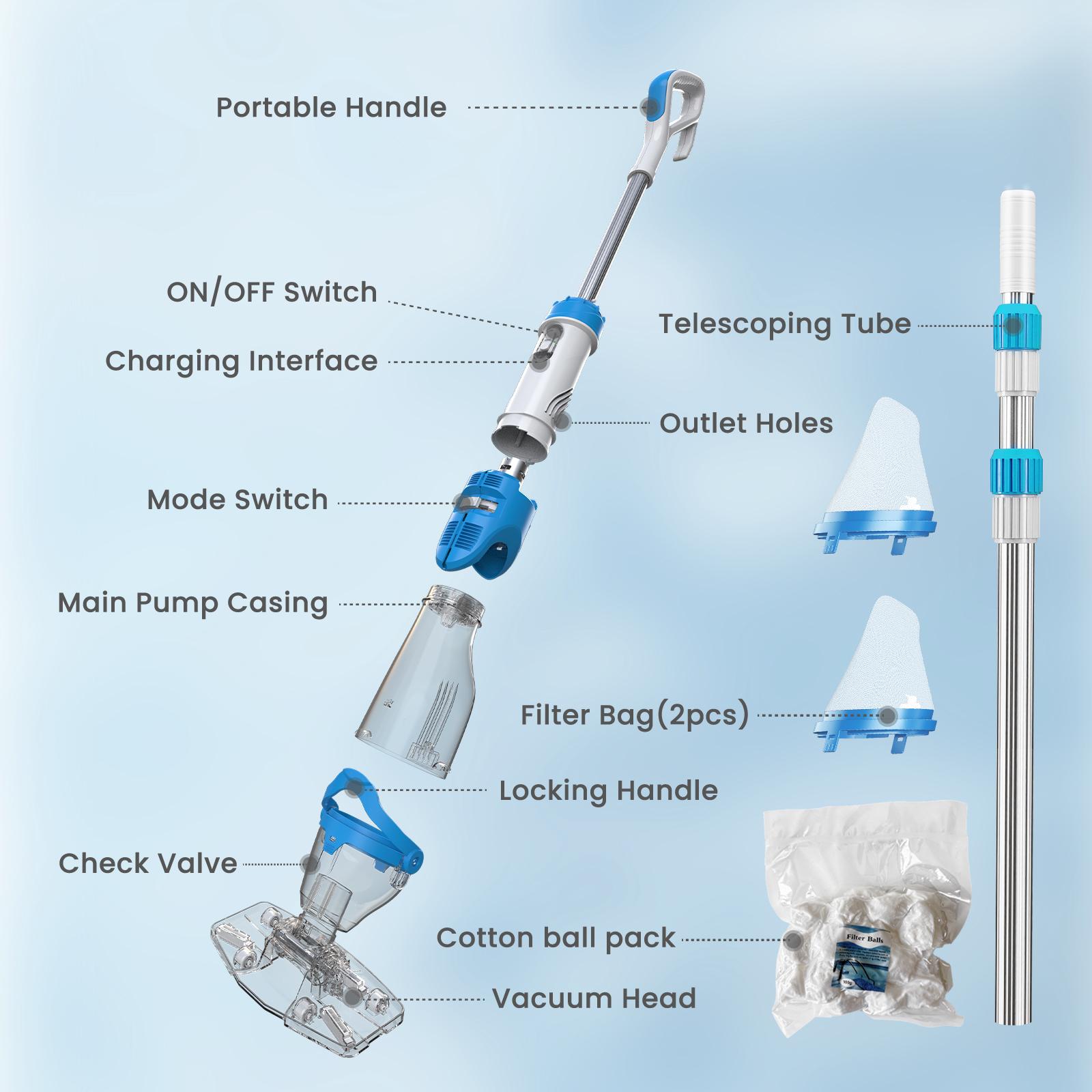 【Summer Vibes】Enhulk New Upgrade PC18 Pool Vacuum for Above Ground Pool with Telescopic Pole, Running time up to 1H, Handheld Design with Powerful Suction up to 18.5 gallon/min Ideal for Leaves, Debris