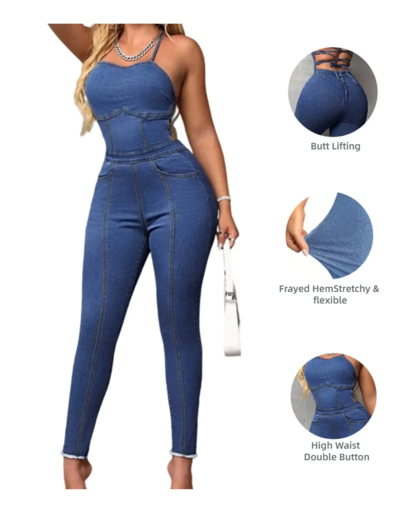 Y2K Style Blue Elastic Strap Backless Sleeveless Jumpsuit Overalls, High Waist, Thin Shoulder Straps, Cross Tie Design, High Stretch, Stretchy, Perfect for Parties and Dates