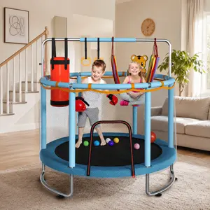 Kids' Mini Round Trampoline with Basketball Hoop - 55"/60" Toddler Trampoline with Enclosure, No-Gap Safe Design, Swing, Sandbag, Ring, Ocean Balls, 440lbs Capacity, Indoor & Outdoor Use, Toddler Gifts