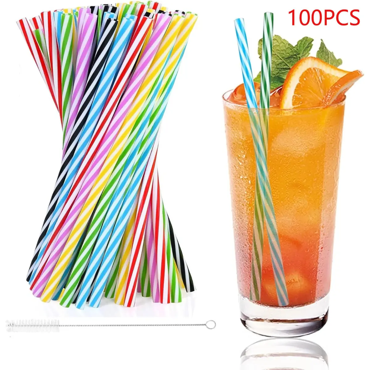 100PCS Reusable Hard Plastic Straws Set, Straw Combo, Colorful Straight Drinking Straws with Cleaning Brush, Suitable for Milkshakes Smoothies Juice Cocktails and All Beverages, Durable Easy Clean Drink Accessories