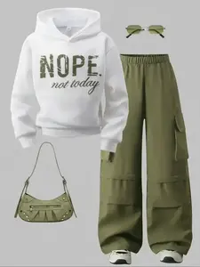 Youth Girls Casual Fashion Streetwear Set, Fitted Fleece Lined Long Sleeve Hoodie Sweatshirt Top & Wide Leg Work Pants with Pockets, Fall Winter Daily Wear Clothes