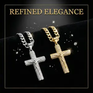 14k Gold-Plated Cross Necklace Oxidation-Resistant Cuban Chain Featuring Rhinestone Crucifix Pendant 24-Inch Length Christian Religious Jewelry Gift tiktokshopspringglowup,summerwins