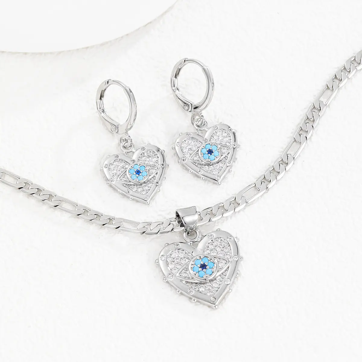Fashion Jewelry Set Devil's Eye Necklace Heart-Shaped Copper Light Luxury High-End Necklace Earrings Ear Jewelry