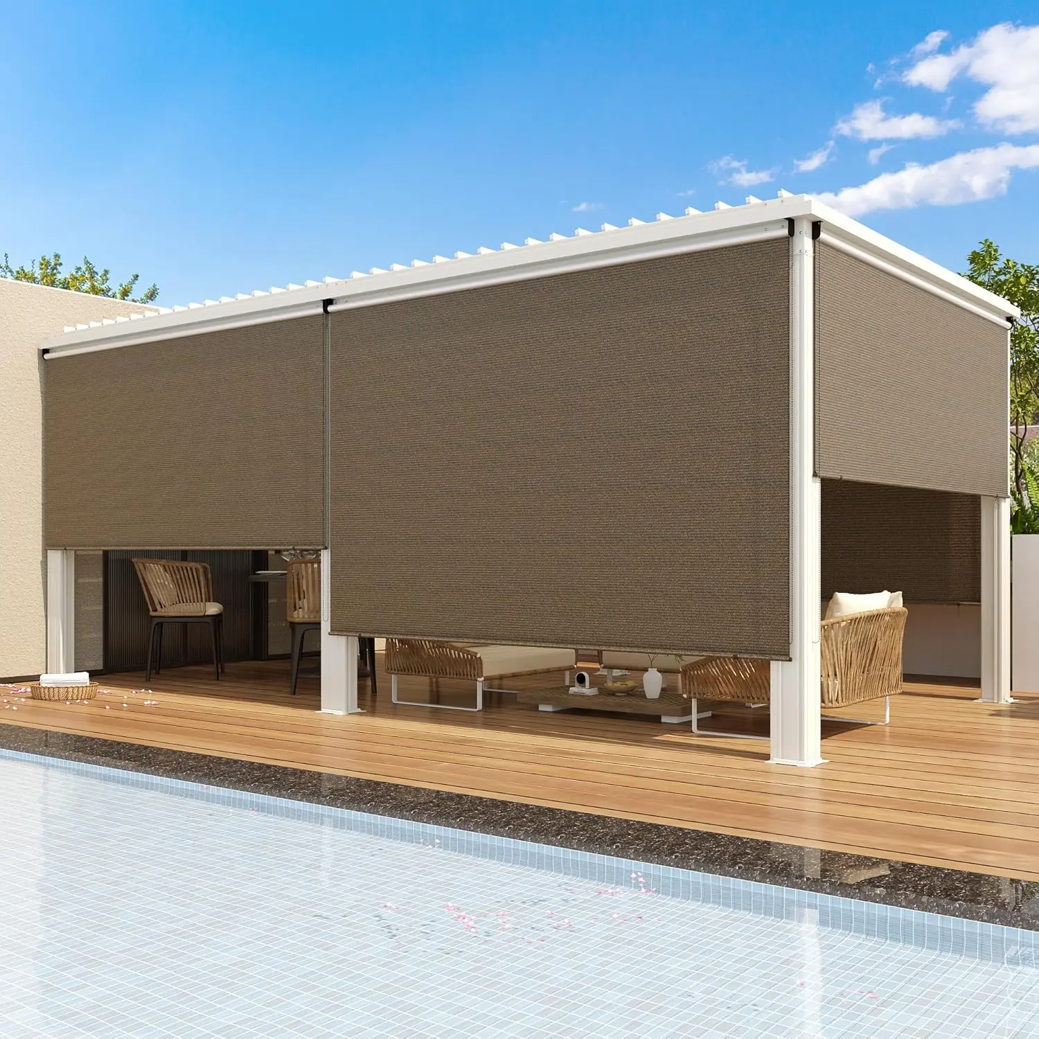 【TikTokShopBlackFriday】YODOLLA Outdoor Roller Shade, 6'(W) x6'(H) Sun Shade Cover Canopy with 99% UV Protection, 220GSM HDPE Exterior Cordless Roll Up Shade Blinds Privacy Screen for Patio, Pergola, Gazebo, Mocha