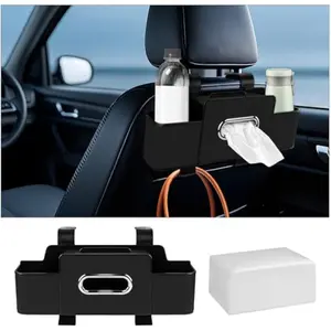 Car Back Seat Organizer with Tissue Box and Hook, Multifunctional Car Seat Storage for Phone, Drinks, Handbag, Universal Organizer for Most Vehicles, Black