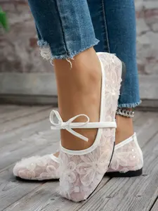 Square Toe Women's Flat Shoes, Summer Casual Shoes, Knit Casual Ballet Flats, Comfortable Multifunctional Low Top Walking Shoes, Mesh Fabric, PVC Leather Sole, All Seasons, Footwear