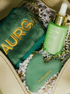 Aurganics Glow Bag Bundle Skincare Gift Set Starter Kit Alpha Glow Aloe Dark Spot Serum Velvet Headband Jade Guasha Stone Travel Bag Pouch