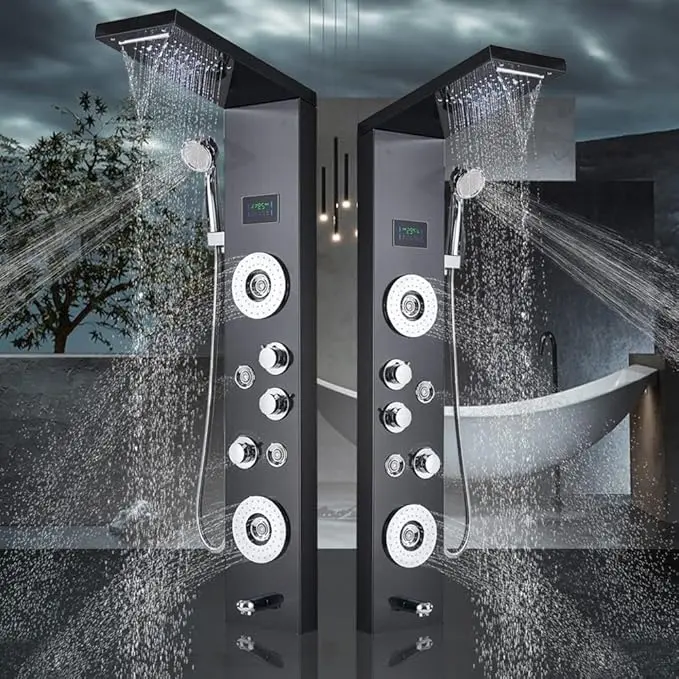 Stainless Steel LED Shower Panel Tower System with Digital Display Screen, Rainfall Waterfall Shower Head, 6-Function Bathroom Shower Faucet Fixture, 2 Modes Massage Body Jets, Handheld Shower, Tub Spout, Brushed Nickel & Matte Black