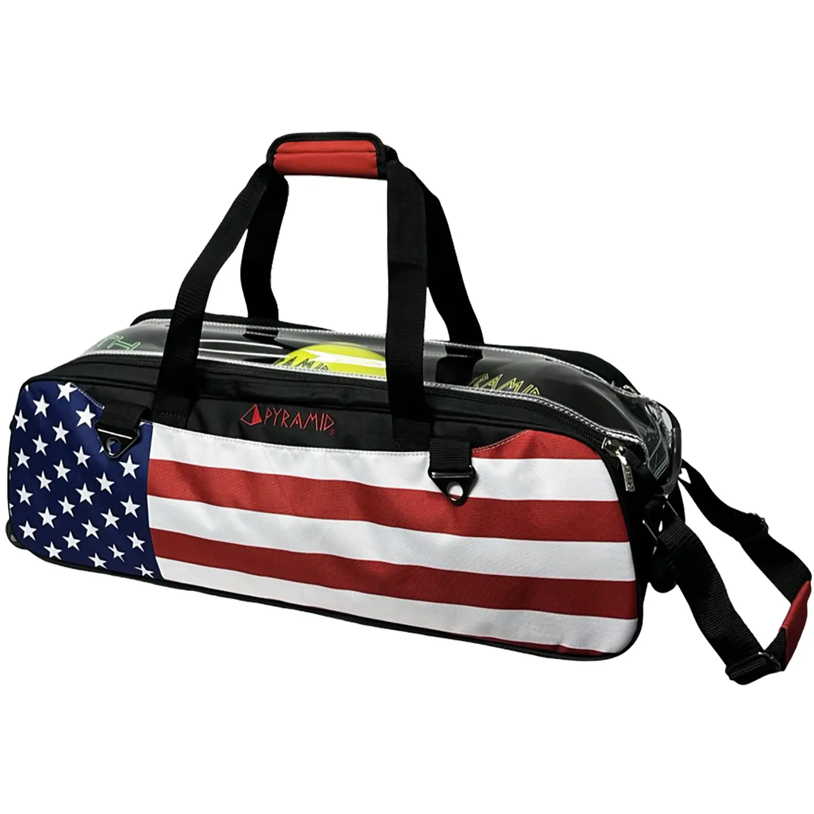 Pyramid Path Slim Triple Tote Roller Bowling Bag for Adults, American Flag Design, 1" Wheel Size, Tow Strap, Best Bag in the Industry, No