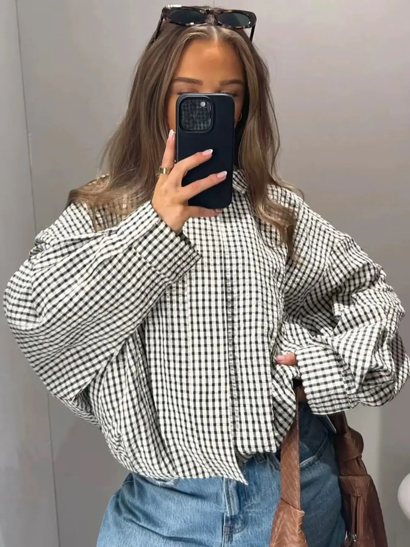 Plaid Oversized Jacket, Women's Bomber Jacket, Spring Autumn Casual Crop Long Sleeve Top, Fashion Stand Collar Zip-Up Pilot Jacket for Office Commutes, Brunch and Dates, Casual Collared Outerwear