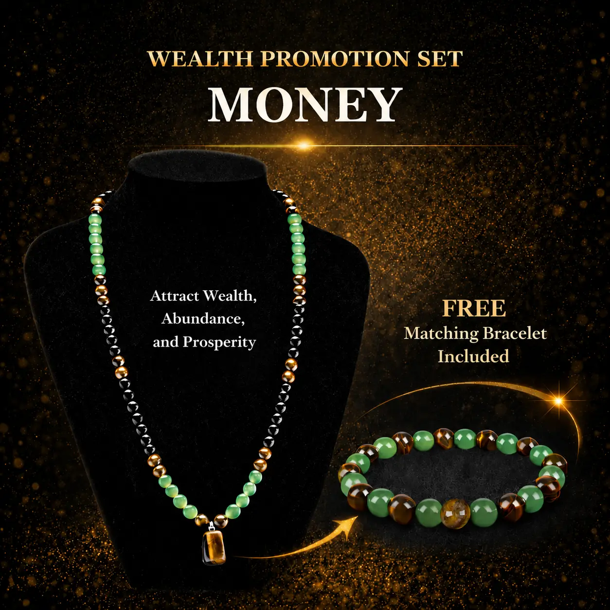 Money Attraction Necklace+ Bracelet With Green Aventurine & Tiger Eye Pendant Healing Crystal Stone ，Anniversary, Vacation &Theme Parties Jewelry Charms Abundance Crystal bracelet，Long Chain，Sweater chain，Ideal Gift Jewelry for Men and Women
